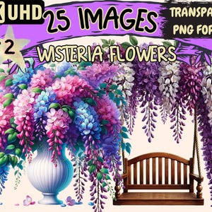 Wisteria Flowers (P2) Clipart - 25 PNG Elegant Floral Illustrations, Botanical Art, Instant Digital Download, Unlimited Commercial Use