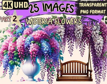 Wisteria Flowers (P2) Clipart - 25 PNG Elegant Floral Illustrations, Botanical Art, Instant Digital Download, Unlimited Commercial Use