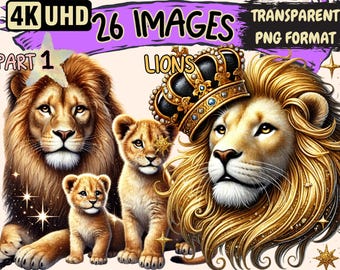 Lions Clipart - 26 PNG Majestic Lion Illustrations, Safari Wildlife Art, Instant Digital Download, Unlimited Commercial Use for Crafts