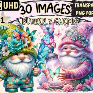 Butterfly Gnomes Clipart - 30 PNG Butterflies Gnome Gardener, Beautiful Gnomes Printables, Instant Digital Download,Unlimited Commercial Use