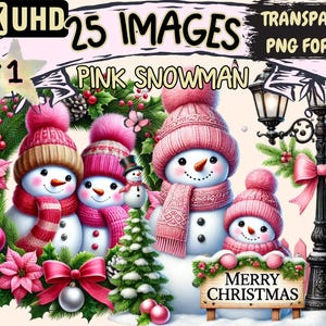 Pink Snowman Clipart - 25 PNG Cute Snowman Graphics, Pastel Winter Printables, Instant Digital Download, Unlimited Commercial Use for Crafts