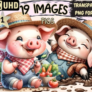 Pigs Clipart Bundle - 19 PNG Cute Adorable Piggy Graphics, Farm Animals Printables, Instant Digital Download, Unlimited Commercial Use