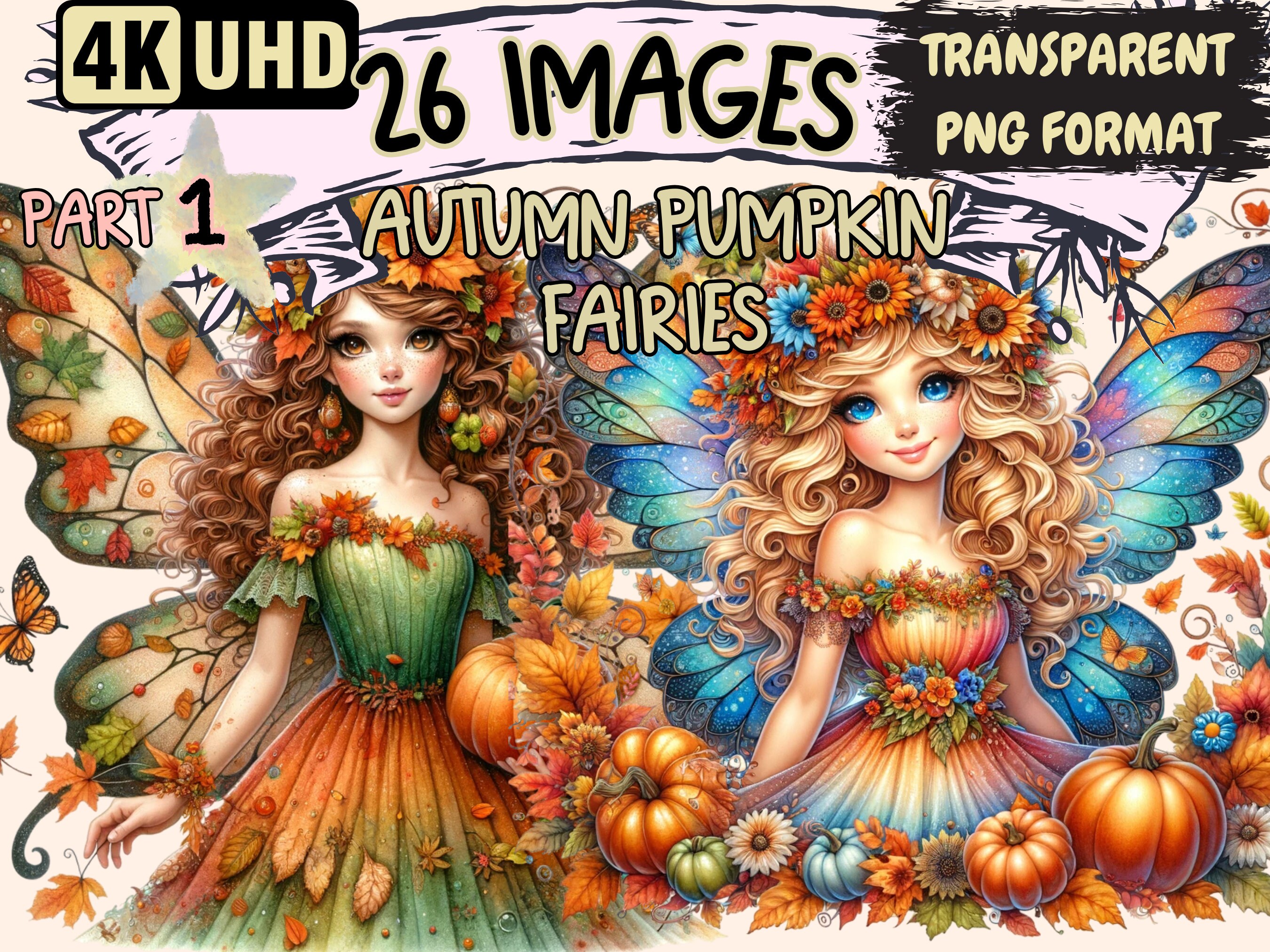 Autumn Pumpkin Fairies Clipart - 26 PNG Enchanting Fairy Graphics, Fall Printables, Instant Digital Download,Unlimited Commercial Use Crafts