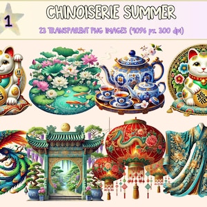 Chinoiserie Summer (P1) Clipart - 23 PNG Elegant Oriental Graphics, Floral Garden Illustrations, Instant Digital Download, Commercial Use