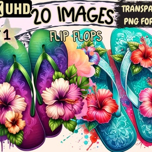 Könnte beinhalten: Zwei Paar Flip-Flops mit Blumenmustern. Ein Paar ist blau und grün mit weißen Blumen. Das andere Paar ist lila und grün mit rosa und weißen Blumen. Der Hintergrund ist ein Aquarell in Rosa, Blau und Grün.
