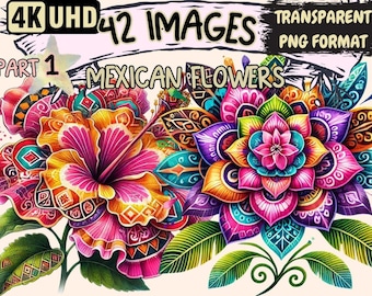 Vibrant Mexican Flowers Clipart – 42 PNG Graphics, Cultural Printables (Digital Download)