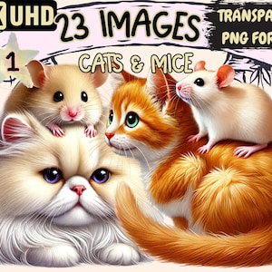 Cats & Mice Clipart - 23 PNG Playful Kitten and Mouse Illustrations, Whimsical Animal Art, Instant Digital Download,Unlimited Commercial Use