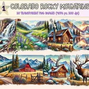 Puede incluir: Un conjunto de 30 imágenes PNG transparentes que ilustran escenas de las Montañas Rocosas de Colorado. Las imágenes incluyen una cascada, un río, una cabaña, un granero, una cordillera y un alce. Las imágenes son perfectas para el scrapbooking digital, la creación de tarjetas y otros proyectos creativos.