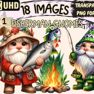 Fisherman Gnomes Clipart - 18 PNG Whimsical Gnome Graphics, Fishing Printables, Instant Digital Download, Unlimited Commercial Use for Craft
