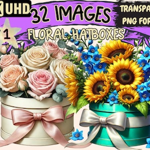 May include: Two floral hatboxes with pink roses and green leaves in one and sunflowers and blue flowers in the other. Both boxes have white lids with a satin ribbon bow.