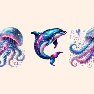 May include: Three whimsical illustrations of a dolphin and two jellyfish with a galaxy-like pattern in shades of blue, pink, and purple.