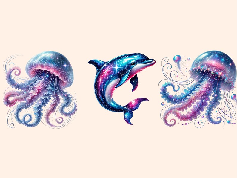 May include: Three whimsical illustrations of a dolphin and two jellyfish with a galaxy-like pattern in shades of blue, pink, and purple.