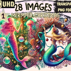 Mermaid Christmas Clipart - 28 PNG Festive Mermaid Illustrations, Holiday Art, Instant Digital Download, Unlimited Commercial Use for Crafts