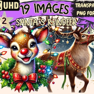 Santa's Reindeer (P2) Clipart - 19 PNG Festive Reindeer Illustrations, Christmas Art, Instant Digital Download, Unlimited Commercial Use