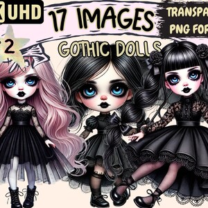 Gothic Dolls (P2) Clipart - 17 PNG Dark Themed Doll Illustrations, Gothic Art, Instant Digital Download, Unlimited Commercial Use for Crafts