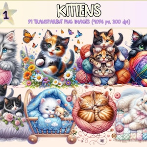 Kittens Clipart - 91 PNG Adorable Kitten Graphics, Cute Cat Printables, Instant Digital Download, Unlimited Commercial Use Crafts Designs image 1