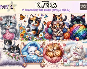 Kittens Clipart - 91 PNG Adorable Kitten Graphics, Cute Cat Printables, Instant Digital Download, Unlimited Commercial Use Crafts Designs