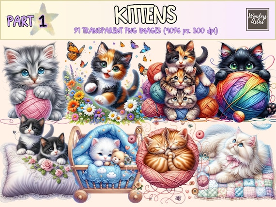 Kittens Clipart - 91 PNG Adorable Kitten Graphics, Cute Cat Printables, Instant Digital Download, Unlimited Commercial Use Crafts Designs