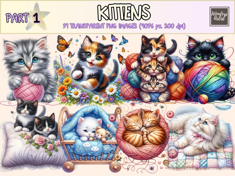 Kittens Clipart - 91 PNG Adorable Kitten Graphics, Cute Cat Printables, Instant Digital Download, Unlimited Commercial Use Crafts Designs image 1
