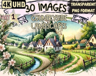 Scenic Countryside Clipart – 30 PNG Graphics, Nature Printables (Digital Download)