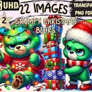 Grumpy Christmas Bears Clipart – 22 PNG Festive Graphics (Digital Download)