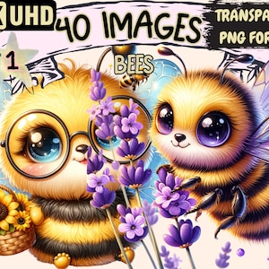 Bee Clipart - 40 PNG Adorable Bee Graphics, Cute Busy Bee Printables, Instant Digital Download, Unlimited Commercial Use for Crafts Designs