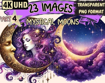 May include: A digital illustration of two crescent moons with a purple and gold color scheme. One moon features a woman with long purple hair and a golden face. The other moon is surrounded by clouds and stars. The text "4K UHD 23 IMAGES PART 4 MYSTICAL MOONS TRANSPARENT PNG FORMAT" is displayed at the top of the image.