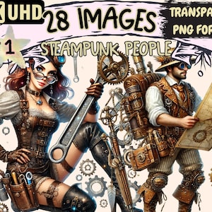 Steampunk People Clipart - 28 PNG Vintage Character Illustrations, Mechanical Art, Instant Digital Download, Unlimited Commercial Use Crafts