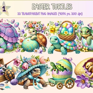 Easter Turtles Clipart - 33 PNG Cute Spring Graphics, Springtime Turtle Printable Illustrations, Instant Digital Download, Commercial Use