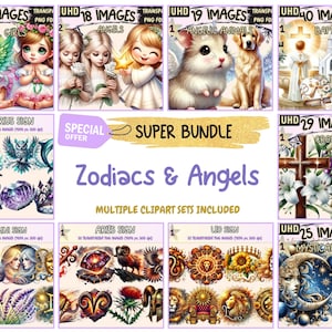 Zodiacs & Angels Super Bundle - 27 Clipart Bundles Inside, Celestial Spiritual Graphics, Mega Promo Clipart, Digital Download,Commercial Use