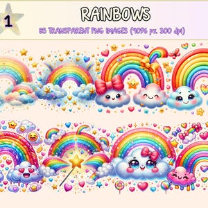 Rainbows Clipart - 85 PNG Colorful Rainbow Graphics, Cheerful Printables, Instant Digital Download, Unlimited Commercial Use for Crafts
