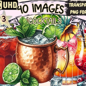 Cocktails (P3) Clipart - 40 PNG Vibrant Drink Graphics, Bar Printables, Instant Digital Download, Unlimited Commercial Use Crafts & Designs