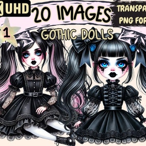 Gothic Dolls Clipart - 20 PNG Dark Themed Doll Illustrations, Gothic Art, Instant Digital Download, Unlimited Commercial Use for Crafts