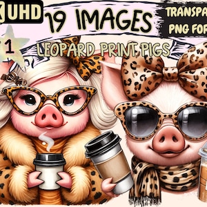 Leopard Print Pigs Clipart - 19 PNG Spotted Pig Graphics, Leopard Pattern Printables, Instant Digital Download, Unlimited Commercial Use