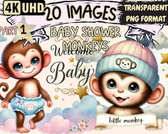 Baby Shower Monkeys Clipart – 20 PNG Graphics, Commercial Use (Digital Download)