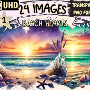Beach Hearts Clipart - 24 PNG Charming Heart Graphics, Beach Printables, Instant Digital Download, Unlimited Commercial Use Crafts & Designs