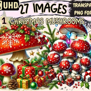 Christmas Mushrooms Clipart - 27 PNG Festive Mushroom Illustrations, Woodland Holiday Art, Instant Digital Download,Unlimited Commercial Use