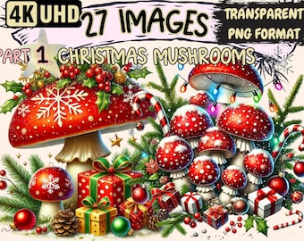 Christmas Mushroom Clipart – 27 Festive PNG Illustrations (Digital Download)