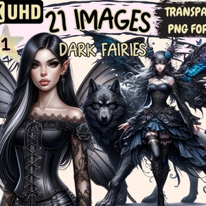 Dark Fairies Clipart - 21 PNG Black Fairy Graphics, Magical Fairytale Witch Printables, Instant Digital Download, Unlimited Commercial Use
