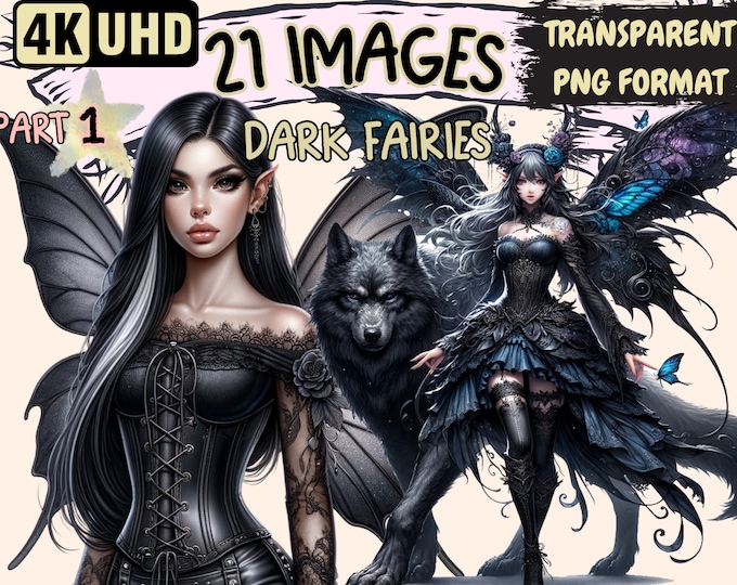 Dark Fairies Clipart - 21 PNG Black Fairy Graphics, Magical Fairytale Witch Printables, Instant Digital Download, Unlimited Commercial Use