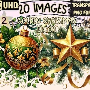 Golden Christmas Decor (P2) Clipart - 20 PNG Holiday Decoration Illustrations, Festive Art,Instant Digital Download,Unlimited Commercial Use