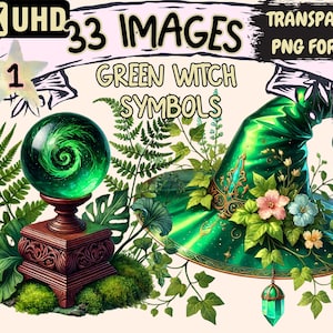 Green Witch Symbols Clipart - 33 PNG Witchcraft Graphics, Mystic Printables, Instant Digital Download, Unlimited Commercial Use for Crafts