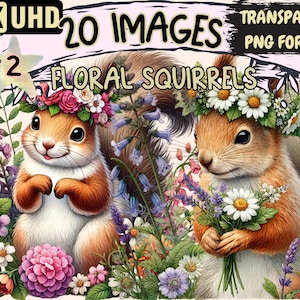 Floral Squirrels (P2) Clipart - 20 PNG Adorable Squirrel Graphics, Floral Printables, Instant Digital Download, Unlimited Commercial Use