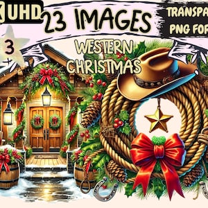 Western Christmas (P3) Clipart - 23 illustrations de cow-boy festif PNG, Art Western pour les fêtes, téléchargement numérique instantané, usage Commercial illimité