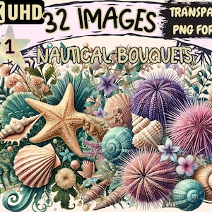 Nautical Bouquets Clipart - 32 PNG Elegant Floral Graphics, Ocean Printables, Instant Digital Download, Unlimited Commercial Use for Crafts