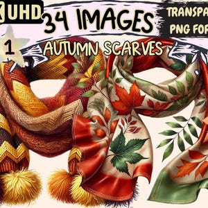 Autumn Scarves Clipart - 34 PNG Cozy Fall Scarf Illustrations, Seasonal Fashion Art, Instant Digital Download, Unlimited Commercial Use