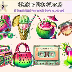 Green & Pink Summer (P2) Clipart - 24 PNG Vibrant Seasonal Graphics, Tropical Color Illustrations, Instant Digital Download, Commercial Use