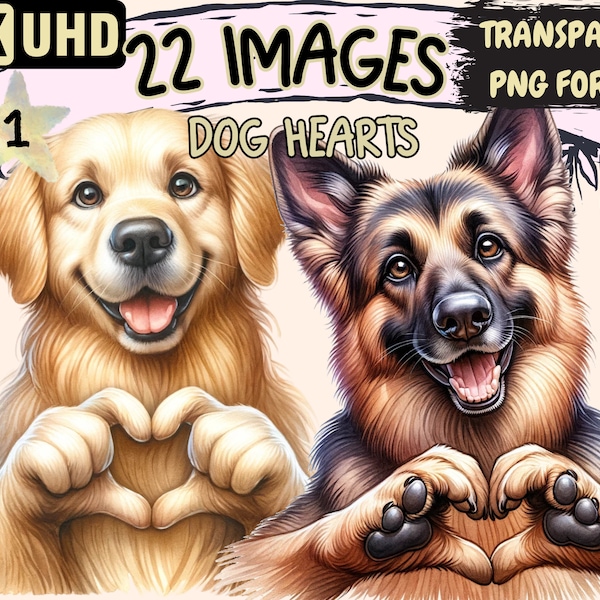 Dog Hearts Clipart Bundle - 22 PNG Cute Puppy Graphics, Adorable Doggy Love Printables, Instant Digital Download, Unlimited Commercial Use