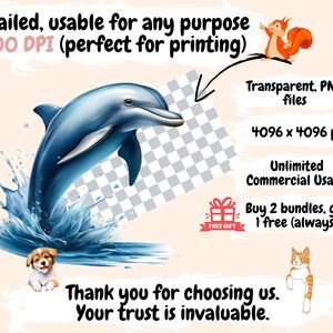May include: A blue dolphin jumping out of the water, with a splash of water behind it. The image is set against a transparent background. The text "Transparent, PNG files" is visible in the upper right corner of the image. The text "4096 x 4096 px" is visible below the text "Transparent, PNG files". The text "Unlimited Commercial Usage" is visible below the text "4096 x 4096 px". The text "Buy 2 bundles, get 1 free (always)" is visible below the text "Unlimited Commercial Usage". The text "Thank you for choosing us. Your trust is invaluable." is visible at the bottom of the image.