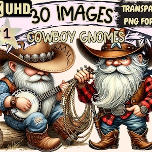 Cowboy Gnomes Clipart - 30 PNG Whimsical Gnome Graphics, Western Printables, Instant Digital Download, Unlimited Commercial Use Crafts